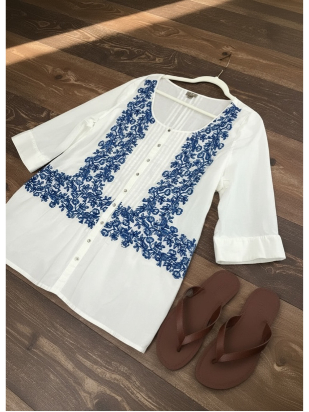 J Jill White Blue Embroidered Tunic Top Boho Coastal XL